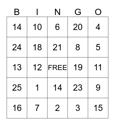 NUMBER BINGO Card