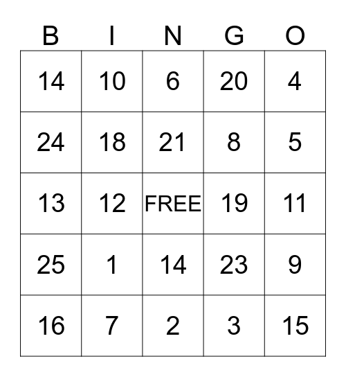 NUMBER BINGO Card
