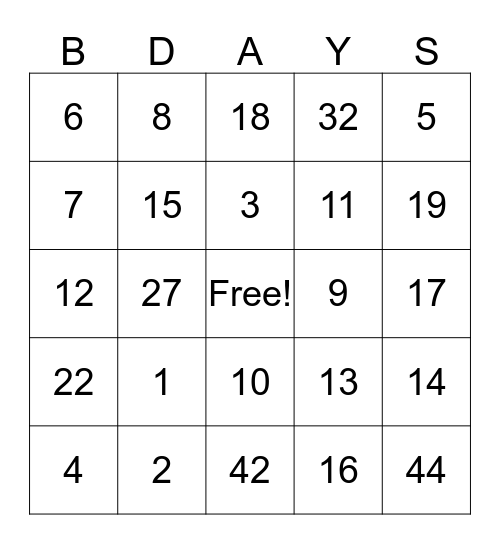 Birthday Bingo Card