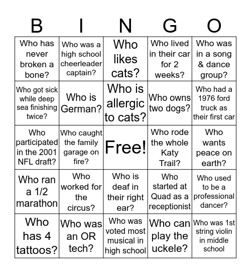 Holiday Employee Bingo Card