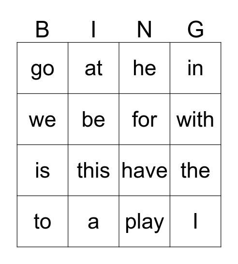 Word Wall Bingo Card