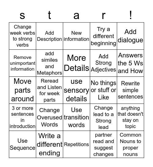 Star Revision Bingo Card