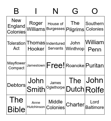 Colonial BINGO Card