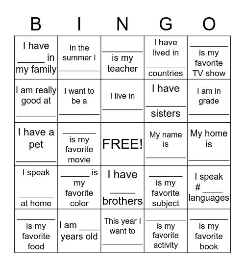 Get to Know Me! Bingo Card