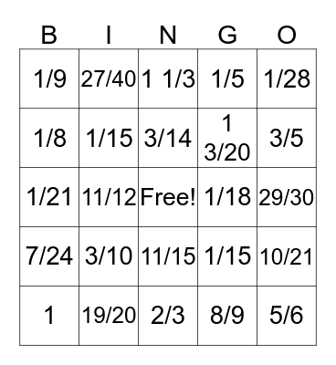 Fraction Bingo Unlike denominators Bingo Card
