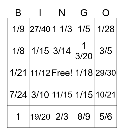 Fraction Bingo Unlike denominators Bingo Card