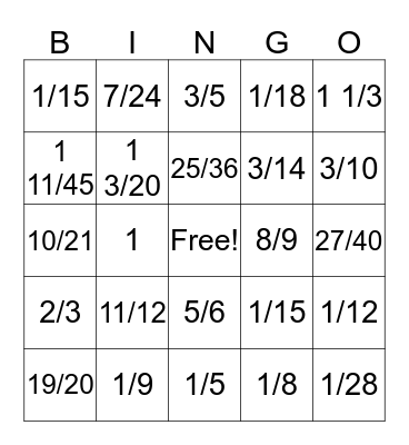 Fractions with unlike denominators Bingo Card