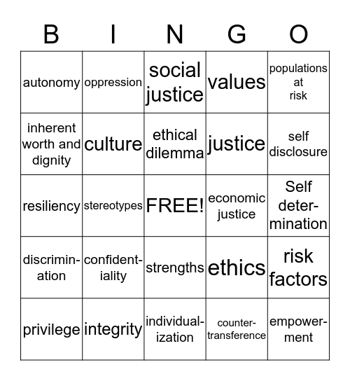 Bingo for Ethics Class  Bingo Card