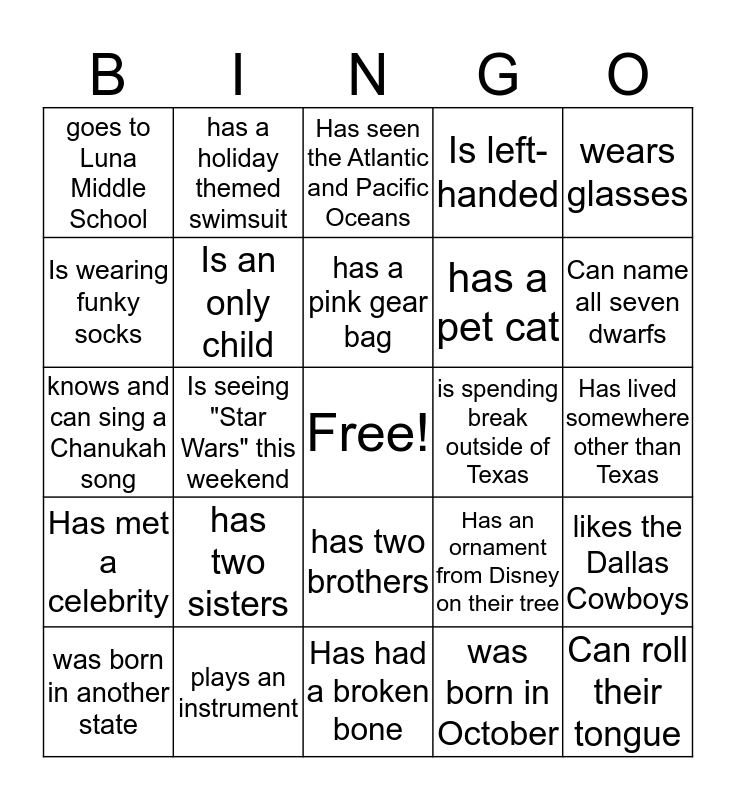 Age Group Bingo Card