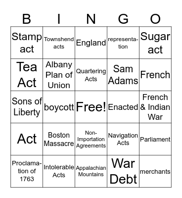 Unit 4:SS Cause of the American Revolution Bingo Card