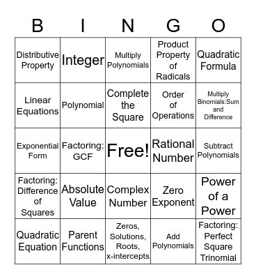 Algebra II Vocabulary Review Bingo Card