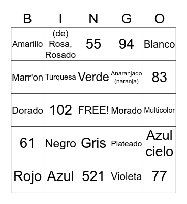 Colors in Spanish Bingo Card