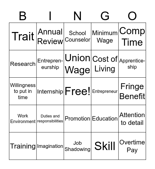 Careers Bingo Card