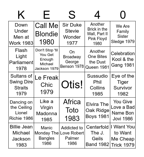 1977 - 1986 Bingo Card