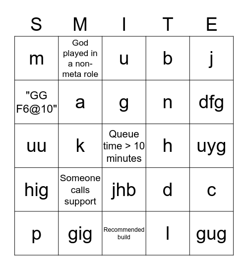SMITE Bingo Card
