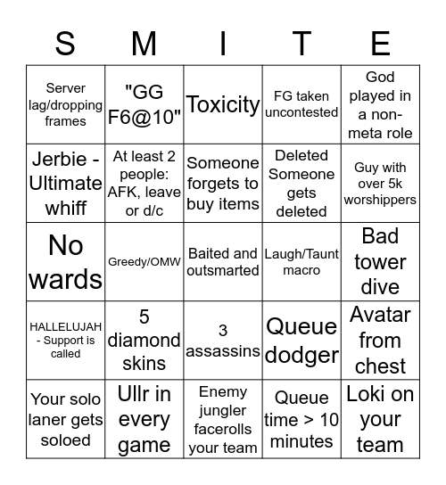 SMITE Bingo Card