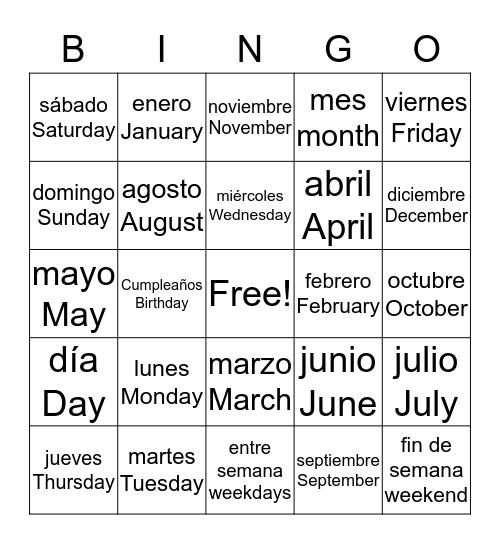DIAS Y MESES Bingo Card