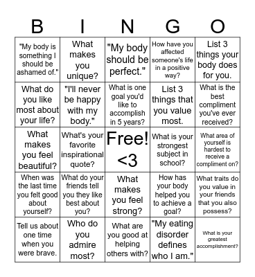 Self Love Bingo Card