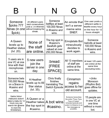 RuPaul's Drag Race/Dragula Discord Server BINGO BONANZA v. 12.1 Bingo Card