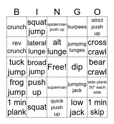 Bingo Fitness Bingo Card