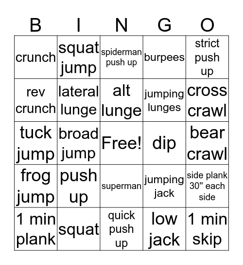Bingo Fitness Bingo Card