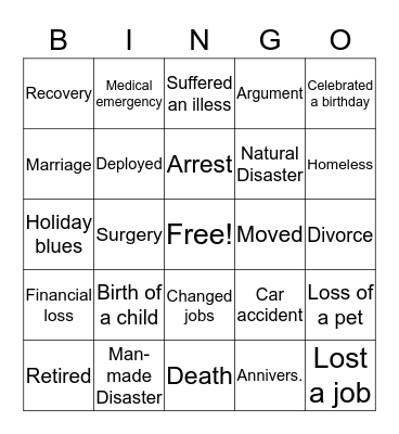 Grief & Loss Bingo Card