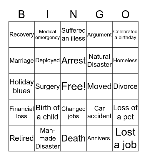 Grief & Loss Bingo Card