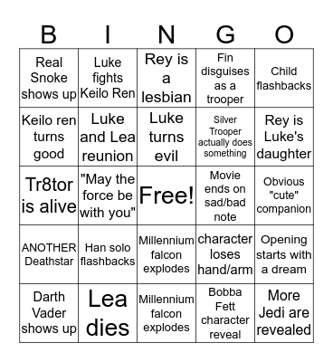Last Jedi predictions Bingo Card