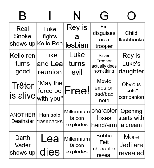 Last Jedi predictions Bingo Card