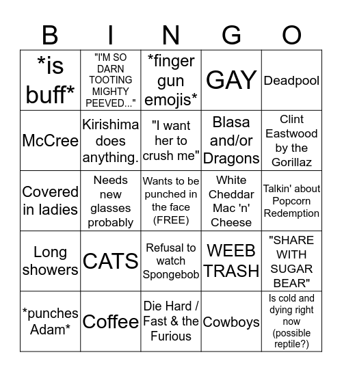 Sam Bingo Sheet Bingo Card
