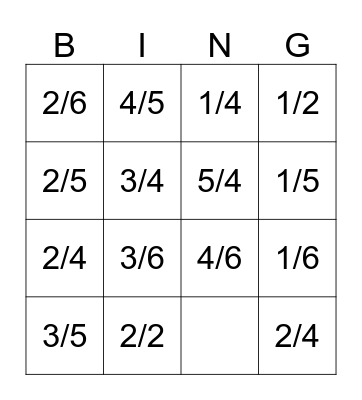 Fraction Bingo Card