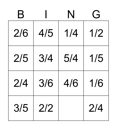 Fraction Bingo Card