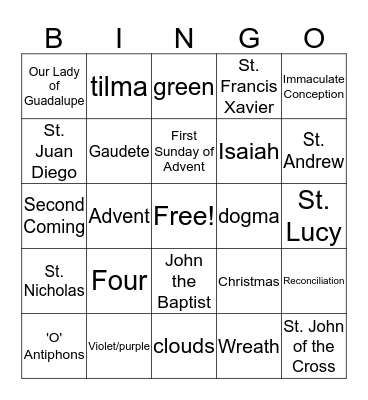 ADVENT Bingo Card