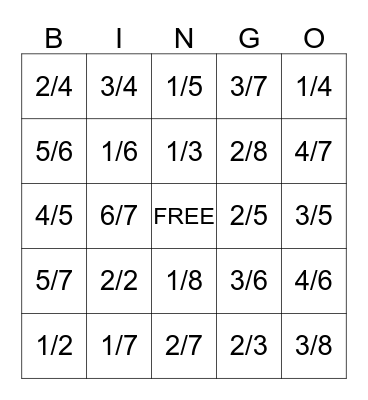 Fraction Bingo Card