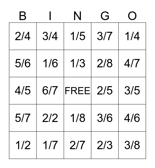 Fraction Bingo Card