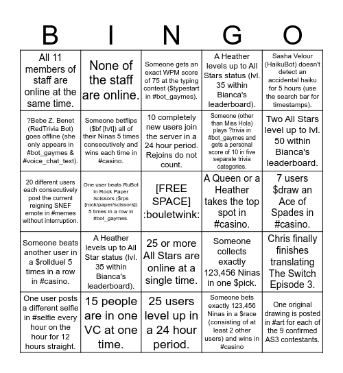 RuPaul’s Drag Race/Dragula Discord v 12.17 Bingo Card