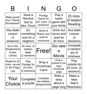 Winter Break Bingo Card