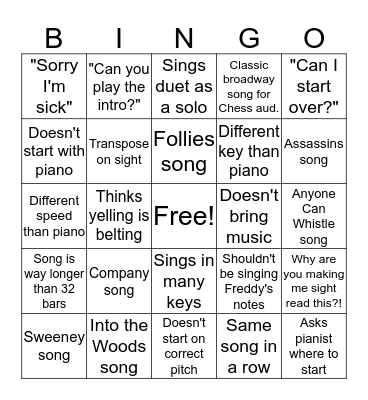 Audition bingo Card