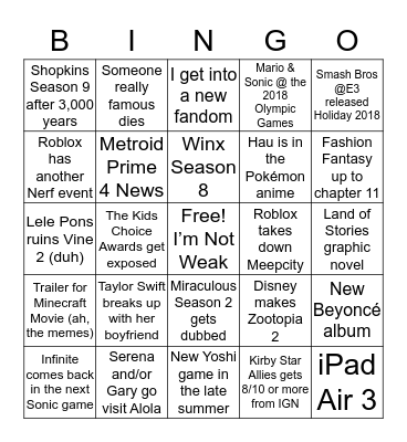 Bingo for 2018 Bingo Card