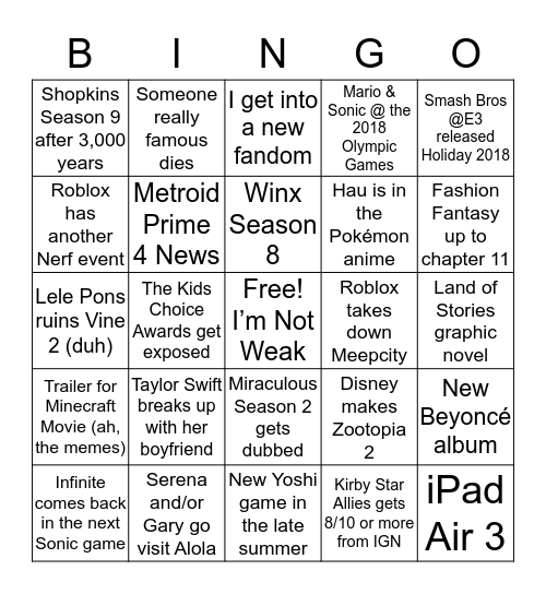 Bingo for 2018 Bingo Card