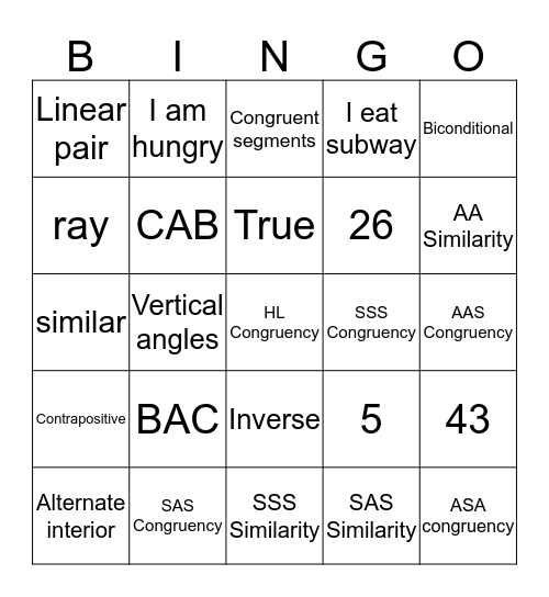 Fall Final Bingo Card