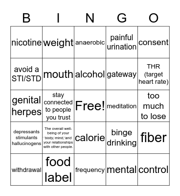 Healthy Decisions Final Review Bingo Card