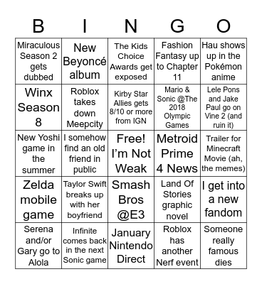 Bingo for 2018 Bingo Card