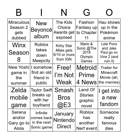 Bingo for 2018 Bingo Card