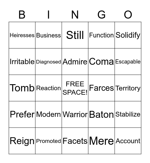 Flex Vocabulary Bingo Card