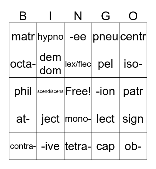 Prefix Suffix Q2 Bingo Card