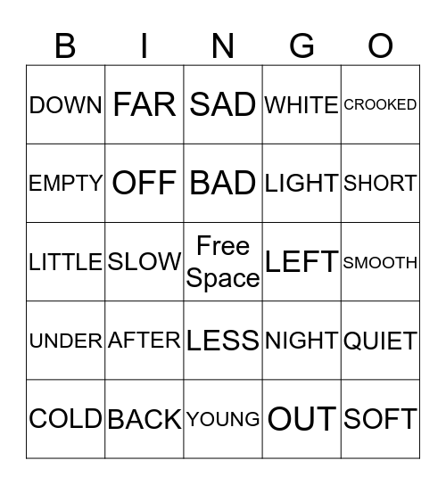 OPPOSITES Bingo Card