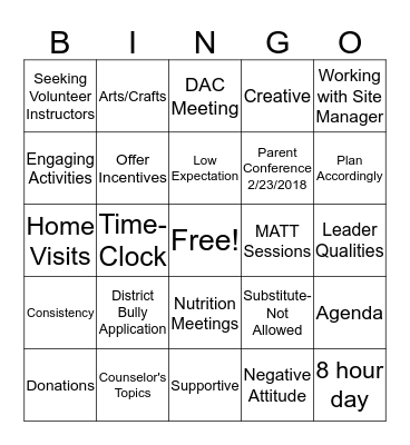 Parental Engagement  Bingo Card
