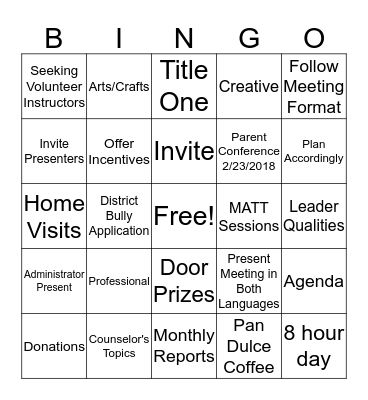 Parental Engagement  Bingo Card
