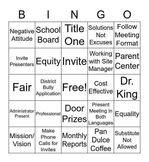 Parental Engagement  Bingo Card